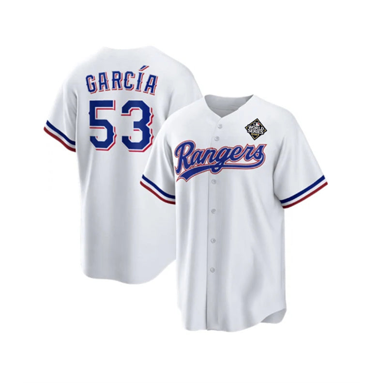 Texas Rangers #53 Adolis Garc¨ªa White Fotopoulosg 2023 World Series Stitched Jersey