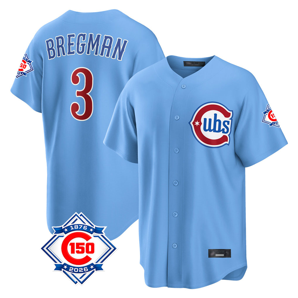 Chicago Cubs #3 Alex Bregman Player Light Blue Fotopoulosg 150th Anniversary Home Game Stitched Jerseys