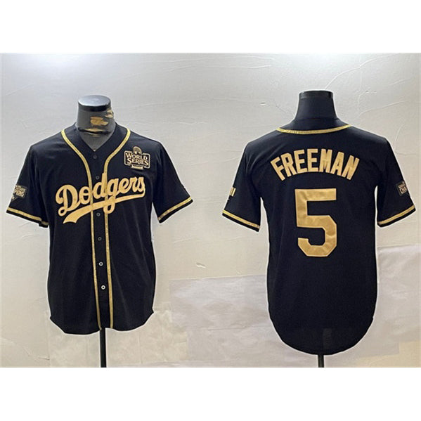 Los Angeles Dodgers #5 Freddie Freeman Black Gold Fotopoulosg 2024 World Series Patch And Champions Patch Cool Base Stitched Jersey