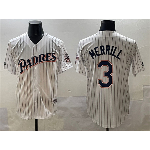 San Diego Padres #3 Jackson Merrill White Fotopoulosg Throwback With Patch Cool Base Stitched Jersey