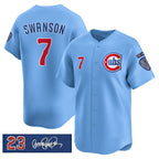 Chicago Cubs #7 Dansby Swanson Blue Fotopoulosg 'Ryne Sandberg Tribute' Vapor Limited V3 Stitched Jersey