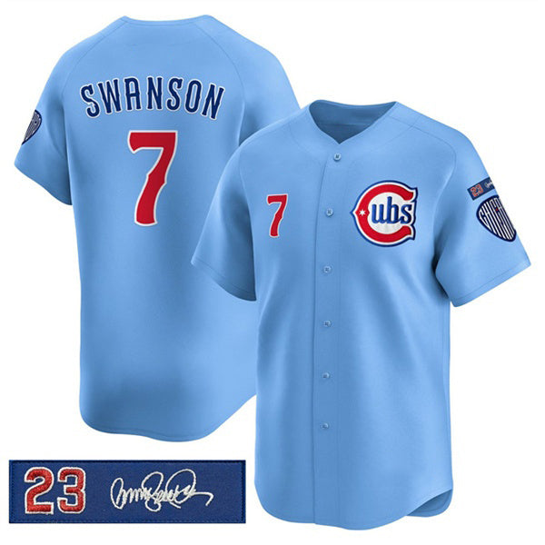 Chicago Cubs #7 Dansby Swanson Blue Fotopoulosg 'Ryne Sandberg Tribute' Vapor Limited V3 Stitched Jersey