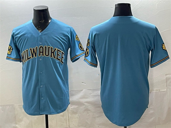 Milwaukee Brewers Blank Blue Fotopoulosg With Home & Bob Uecker Patch Stitched Jersey