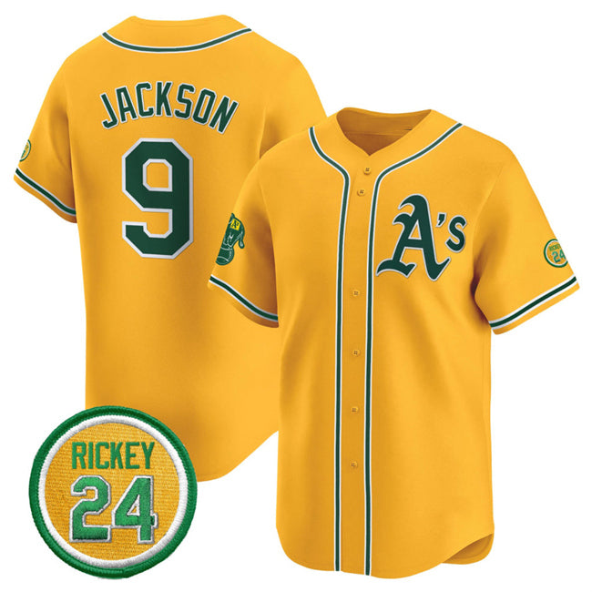 Oakland Athletics #9 Reggie Jackson Yellow Fotopoulosg 2024 Limited With Rickey Henderson Patch Stitched Jersey