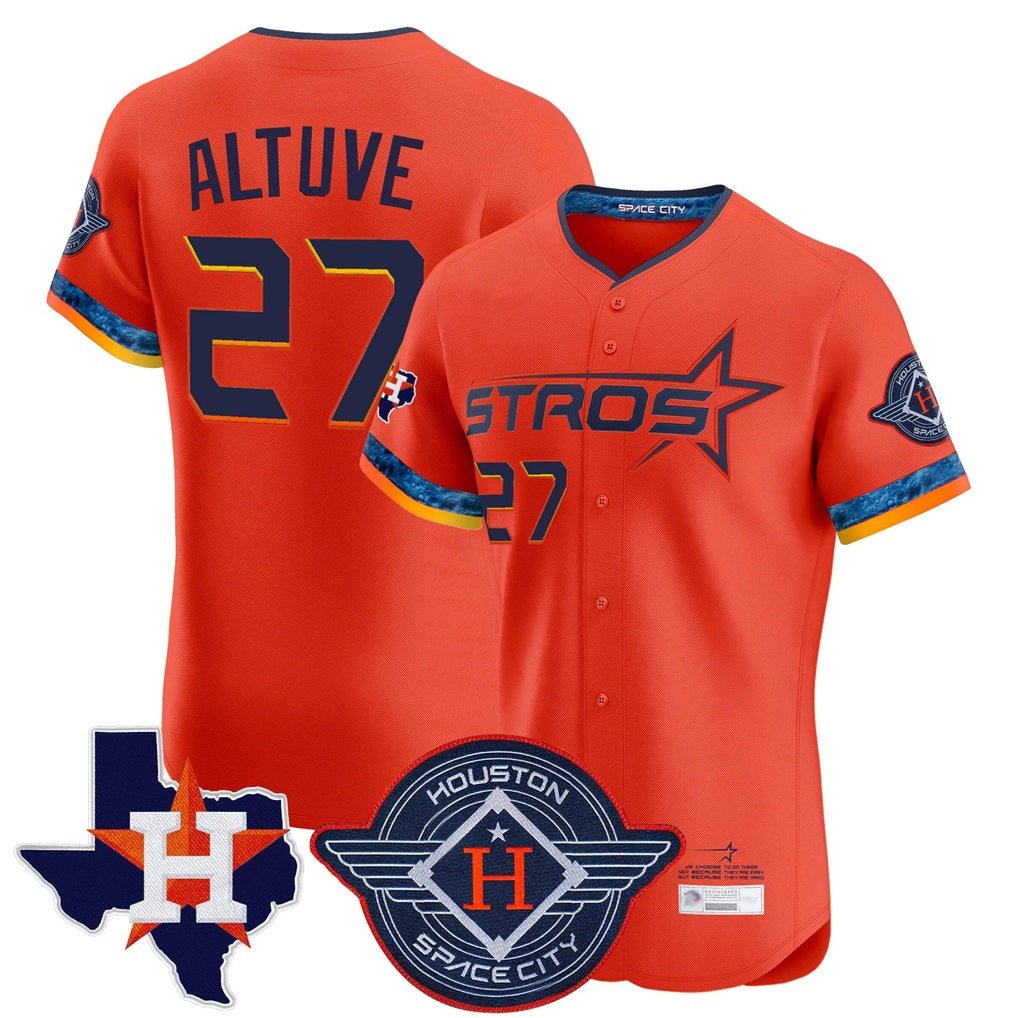 Houston Astros #27 Jose Altuve Player Orange Fotopoulosg City Connect Texas Patch Vapor Premier Limited Elite Home Stitched Jerseys