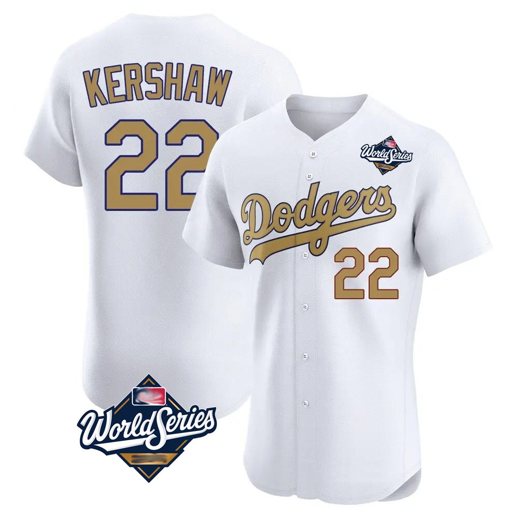 Los Angeles Dodgers #22 Clayton Kershaw Player White Gold Fotopoulosg World Series Limited Elite Home Stitched Jerseys