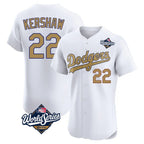 Los Angeles Dodgers #22 Clayton Kershaw Player White Gold Fotopoulosg World Series Limited Elite Home Stitched Jerseys