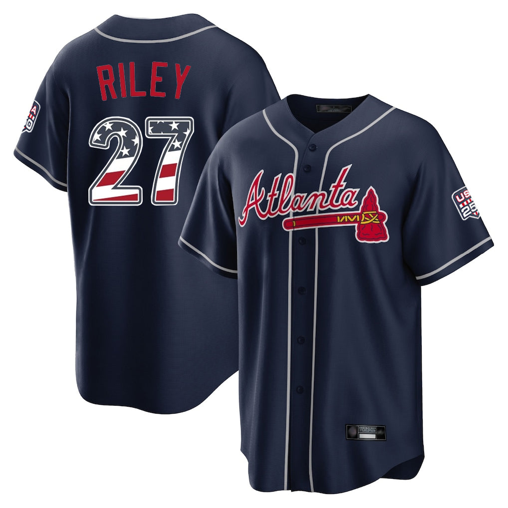 Atlanta Braves #27 Austin Riley Player Navy Fotopoulosg USA 250 Fourth Of July Limited Home Game Stitched Jerseys