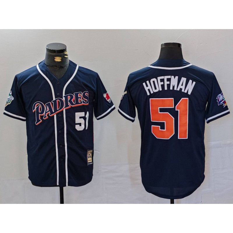 San Diego Padres #51 Trevor Hoffman Navy Fotopoulosg Player Number Cooperstown Cool Base Jersey
