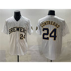 Milwaukee Brewers #24 William Contreras White Fotopoulosg Pinstripe 2025 With Patch Stitched Stitched Jersey