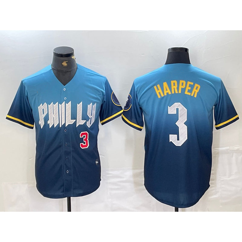 Philadelphia Phillies #3 Bryce Harper Number Blue Fotopoulosg 2024 City Connect Limited Stitched Jersey 2