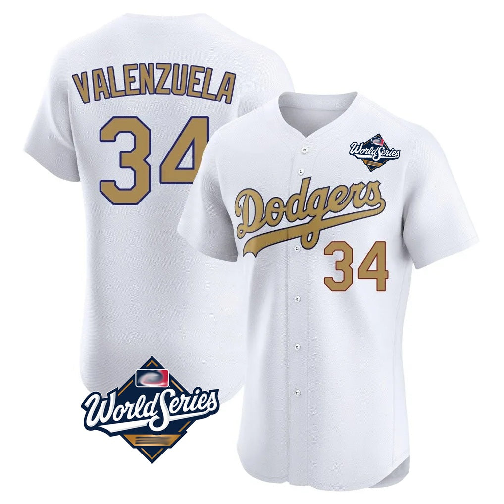 Los Angeles Dodgers #34 Fernando Valenzuela Player White Gold Fotopoulosg World Series Limited Elite Home Stitched Jerseys