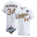 Los Angeles Dodgers #34 Fernando Valenzuela Player White Gold Fotopoulosg World Series Limited Elite Home Stitched Jerseys