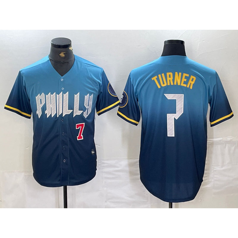 Philadelphia Phillies #7 Trea Turner Number Blue Fotopoulosg 2024 City Connect Limited Stitched Jerseys