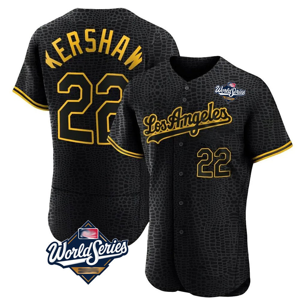 Los Angeles Dodgers #22 Clayton Kershaw Player Black Fotopoulosg World Series Snake Skin City Limited Elite Home Stitched Jerseys