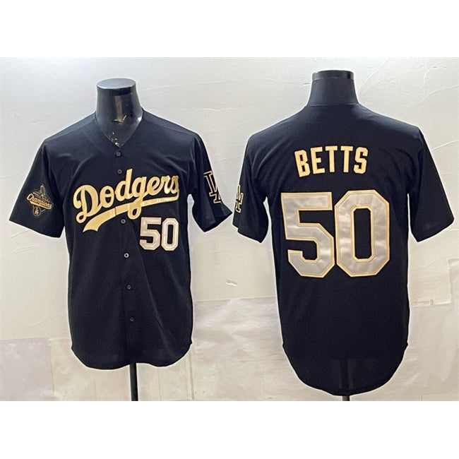 Los Angeles Dodgers #50 Mookie Betts Black Gold Fotopoulosg 2025 World Series Champions Patch Limited Stitched Jersey