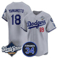 Los Angeles Dodgers #18 Yoshinobu Yamamoto Gray Fotopoulosg 2025 World Series With No. 34 Patch Limited Stitched Jersey