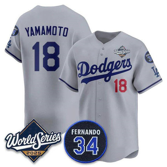 Los Angeles Dodgers #18 Yoshinobu Yamamoto Gray Fotopoulosg 2025 World Series With No. 34 Patch Limited Stitched Jersey
