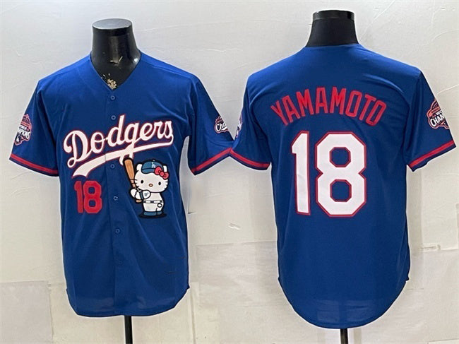 Los Angeles Dodgers #18 Yoshinobu Yamamoto Royal Fotopoulosg Hello Kitty Night 2025 World Series Champions Patch Stitched Jersey