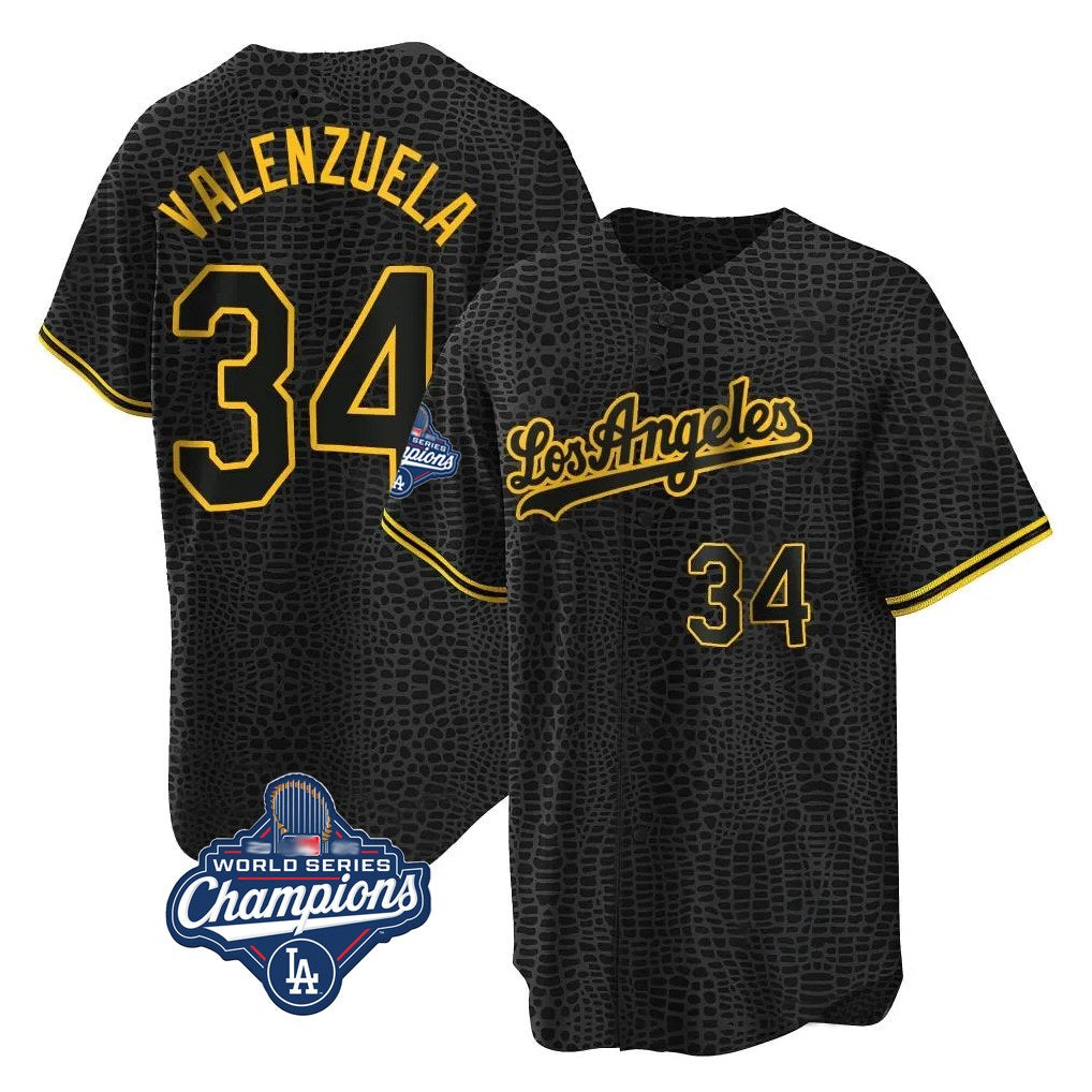 Los Angeles Dodgers #34 Fernando Valenzuela Player Black Fotopoulosg World Series Meet Snake Skin City Game Home Stitched Jerseys