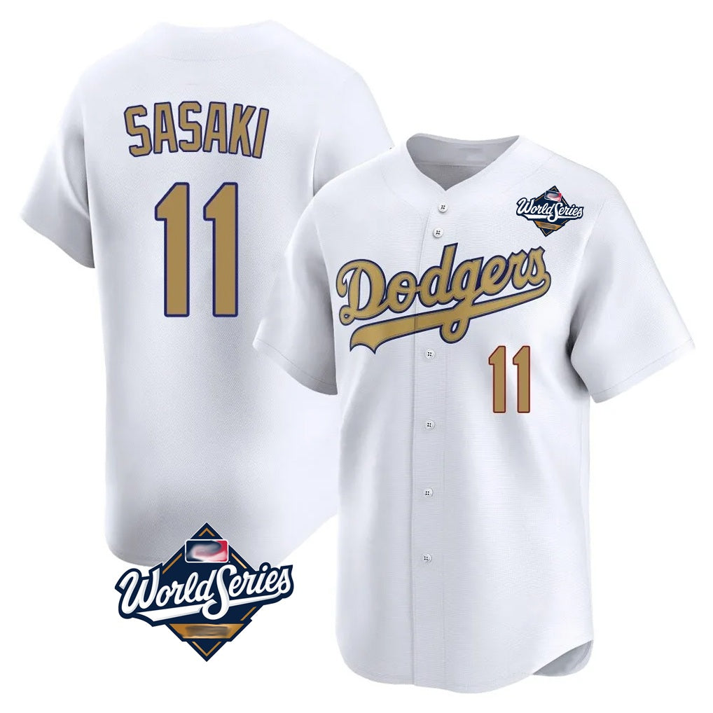Los Angeles Dodgers #11 Roki Sasaki Player White Gold Fotopoulosg World Series Collection Limited Home Stitched Jerseys