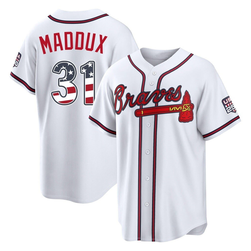 Atlanta Braves #31 Greg Maddux Player White Fotopoulosg USA 250 Fourth Of July Limited Home Game Stitched Jerseys