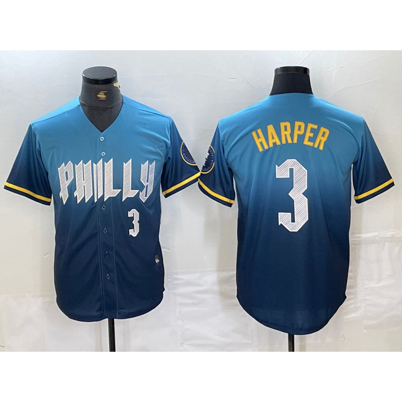 Philadelphia Phillies #3 Bryce Harper Number Blue Fotopoulosg 2024 City Connect Limited Stitched Jersey