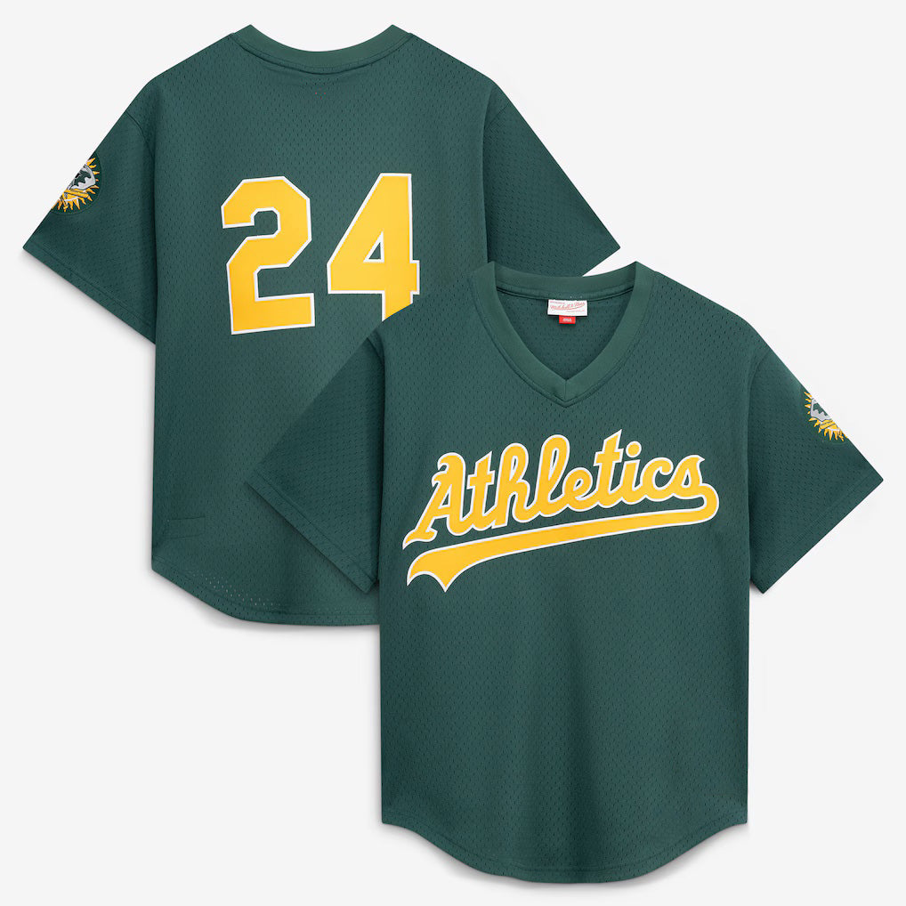 Oakland Athletics #24 Rickey Henderson Mitchell & Ness Green Fotopoulosg Authentic Batting Practice Jersey