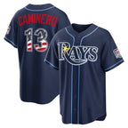 Tampa Bay Rays #13 Junior Caminero USA 250 Fourth of July Road Stadium Jersey - Navy Fotopoulosg