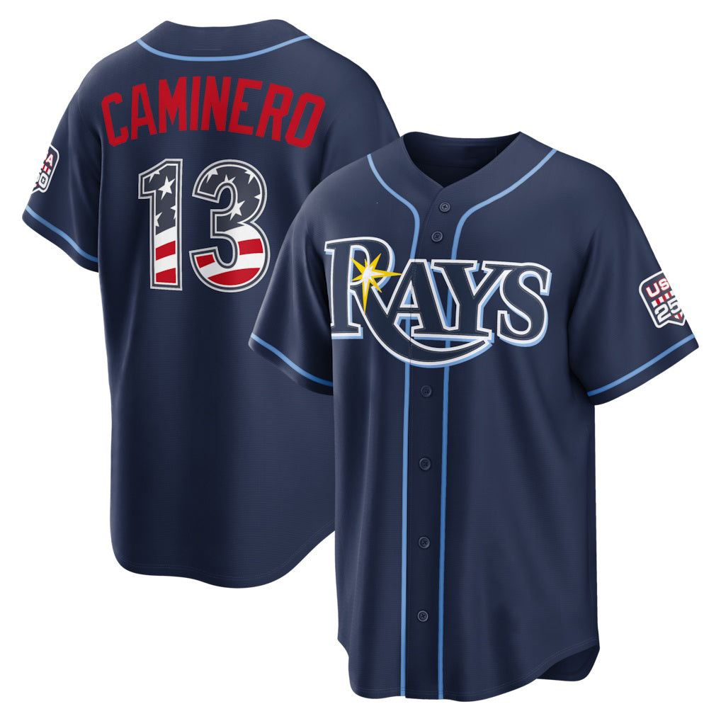 Tampa Bay Rays #13 Junior Caminero USA 250 Fourth of July Road Stadium Jersey - Navy Fotopoulosg