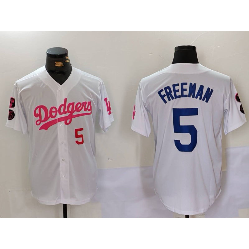 Los Angeles Dodgers #5 Freddie Freeman White Pink Fotopoulosg Vin & Kobe Patch Stitched Jerseys