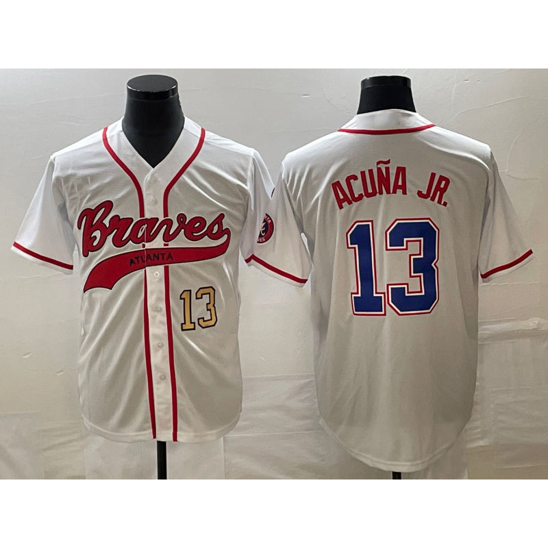 Atlanta Braves #13 Ronald Acuna Jr Number White Fotopoulosg Cool Base With Patch Stitched Jersey