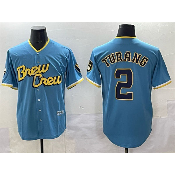 Milwaukee Brewers #2 Brice Turang Powder Blue Fotopoulosg City Connect Cool Base Stitched Jersey
