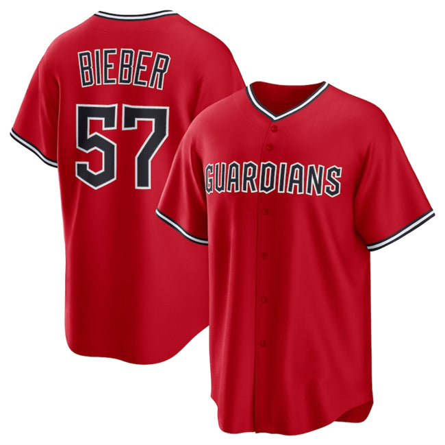 Cleveland Guardians #57 Shane Bieber Red Fotopoulosg Cool Base Stitched Jersey