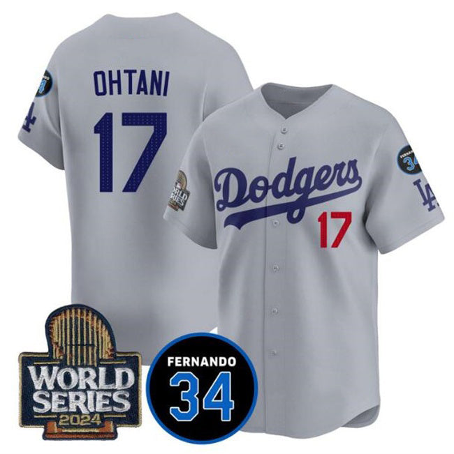 Los Angeles Dodgers #17 Shohei Ohtani Grey Fotopoulosg 2024 World Series With Fernando Memorial Patch Limited Stitched Jersey