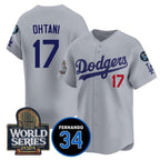 Los Angeles Dodgers #17 Shohei Ohtani Grey Fotopoulosg 2024 World Series With Fernando Memorial Patch Limited Stitched Jersey
