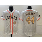 Houston Astros #44 Yordan Alvarez Number 2023 White Gold Fotopoulosg World Serise Champions Patch Flex Base Stitched Jersey 2