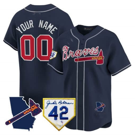 Custom Atlanta Braves 2024 Robinson & Georgia Patch Vapor Premier Limited Jersey ¨C Navy Fotopoulosg