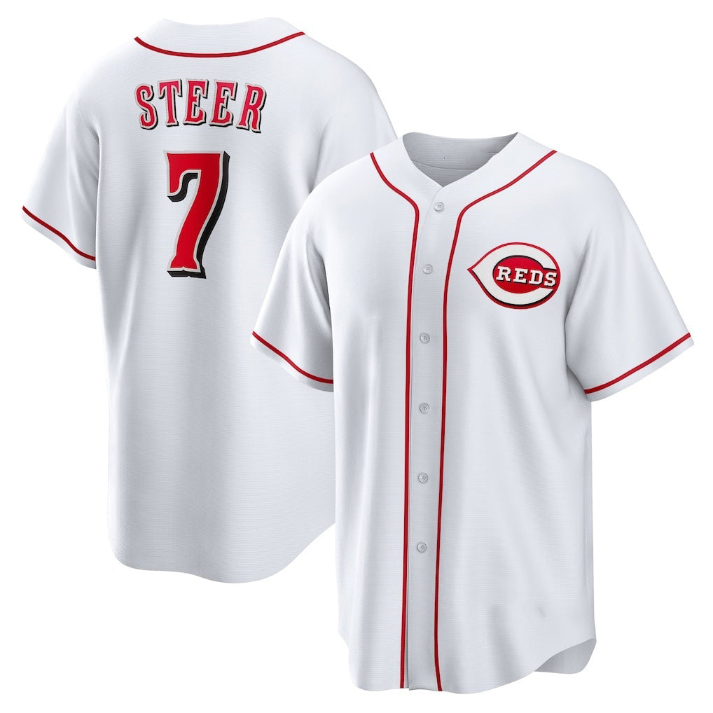 Cincinnati Reds #7 Spencer Steer White Fotopoulosg Home Replica Jersey