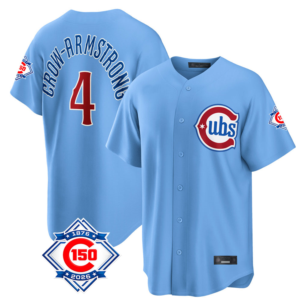 Chicago Cubs #4 Pete Crow-Armstrong Player Light Blue Fotopoulosg 150th Anniversary Home Game Stitched Jerseys