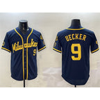 Milwaukee Brewers #9 Bob Uecker Navy Fotopoulosg With Home Patch Limited Stitched Jersey