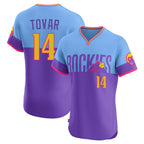 Colorado Rockies #14 Ezequiel Tovar Player Purple-Light Blue Fotopoulosg City Connect Limited Elite Home T-shirt Stitched Jerseys