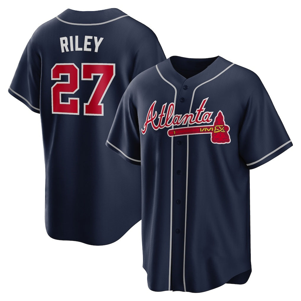 Atlanta Braves #27 Austin Riley Navy Fotopoulosg Alternate Replica Jersey