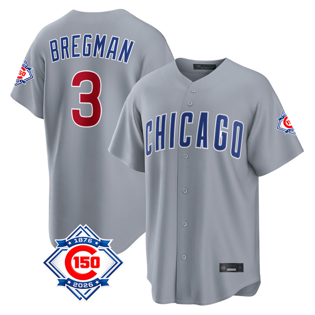 Chicago Cubs #3 Alex Bregman Player Gray Fotopoulosg 150th Anniversary Home Game Stitched Jerseys