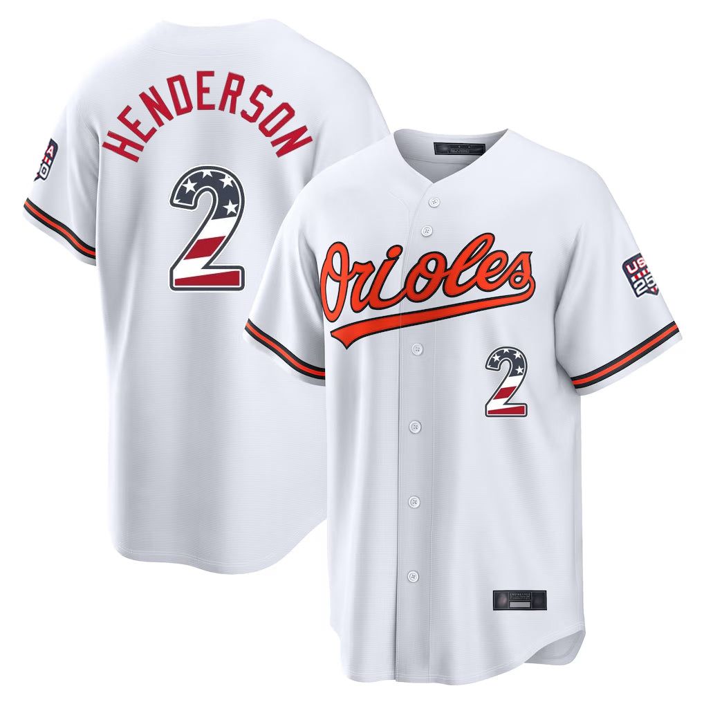 Baltimore Orioles #2 Gunnar Henderson Player White Fotopoulosg USA 250 Fourth of July Home Game Stitched Jerseys