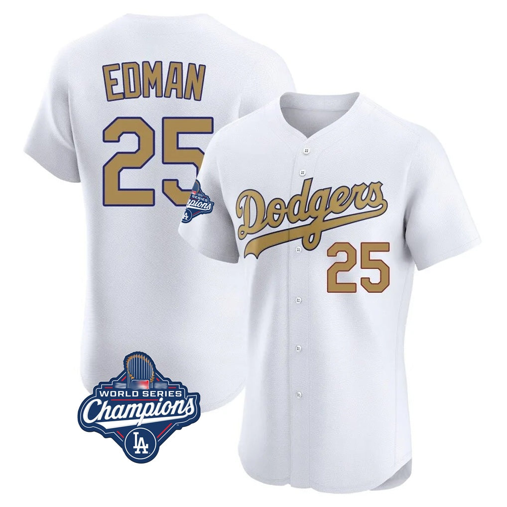 Los Angeles Dodgers #25 Tommy Edman Player White Gold Fotopoulosg World Series Meet Limited Elite Home Stitched Jerseys
