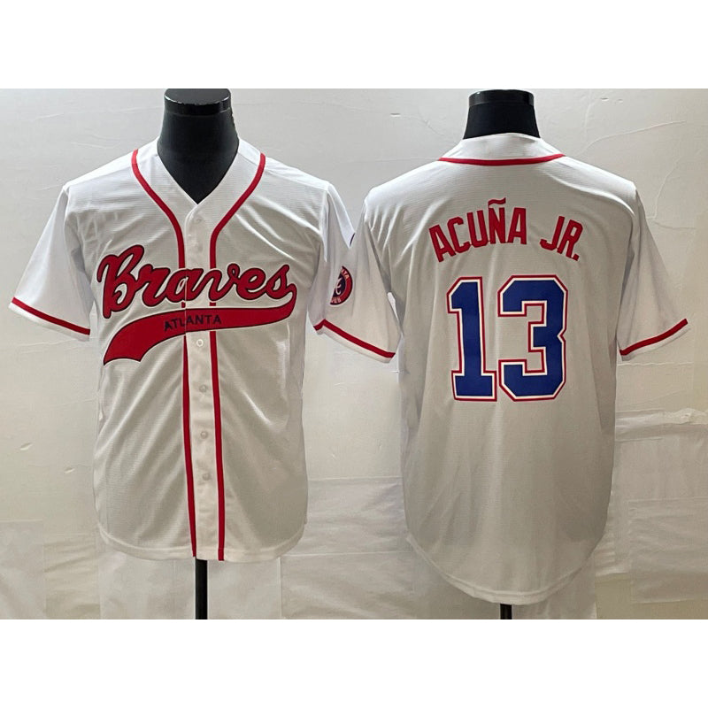 Atlanta Braves #13 Ronald Acuna Jr White Fotopoulosg Cool Base With Patch Stitched Jersey