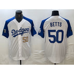 Los Angeles Dodgers #50 Mookie Betts Number White Blue Fotopoulosg Fashion Stitched Cool Base Limited Jersey 3