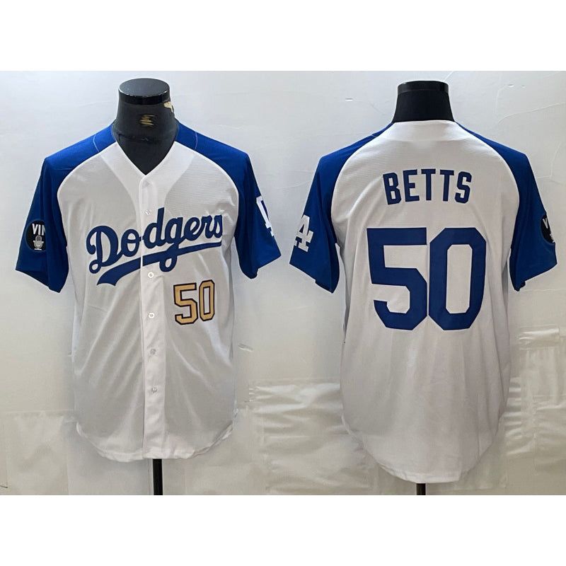 Los Angeles Dodgers #50 Mookie Betts Number White Blue Fotopoulosg Fashion Stitched Cool Base Limited Jersey 3