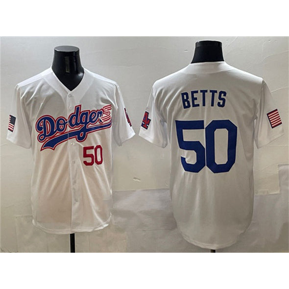 Los Angeles Dodgers #50 Mookie Betts White Fotopoulosg With American Flag Patch Limited Stitched Jersey